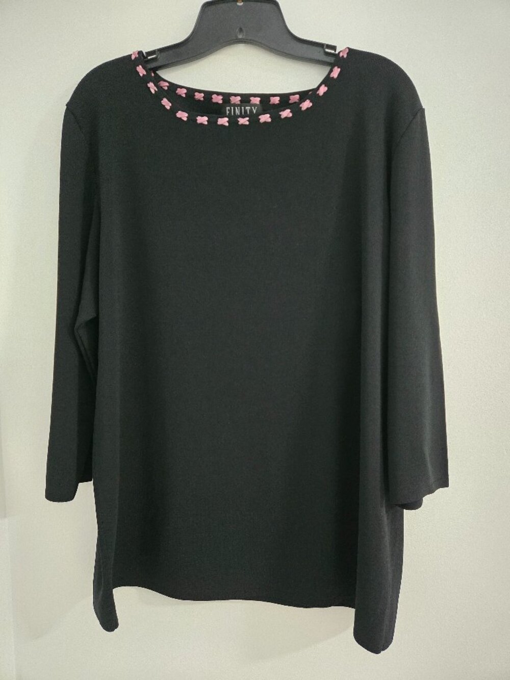 Finity Woman Women's Black 3/4 Sleeve Blouse Size 1X Ribbon Accent Collar Dressy